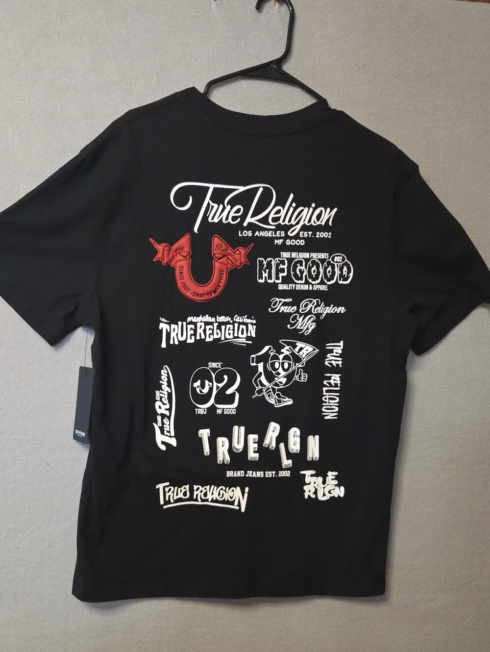 True Religion Black Short-Sleeve Graphic Logo Tee with Red Accent